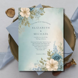 Invitación Boda floral acuarela azul polvoriento blanco