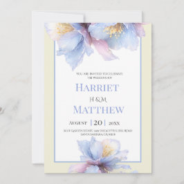 Invitación Boda floral acuarela azul polvoriento marfil