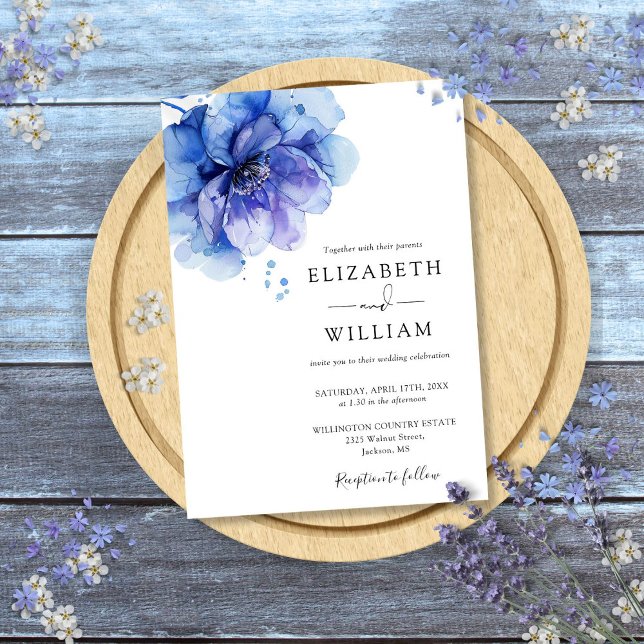 Invitación Boda floral acuarela azul polvoriento moderno (Dusty Blue Modern Watercolor Floral Wedding Invitation)