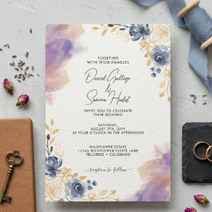 Invitación Boda floral acuarela azul polvoriento oro