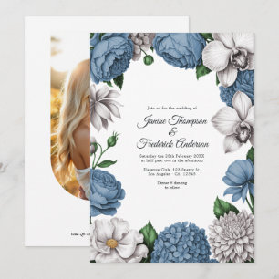Invitación Boda floral acuarela azul polvoriento y gris suave