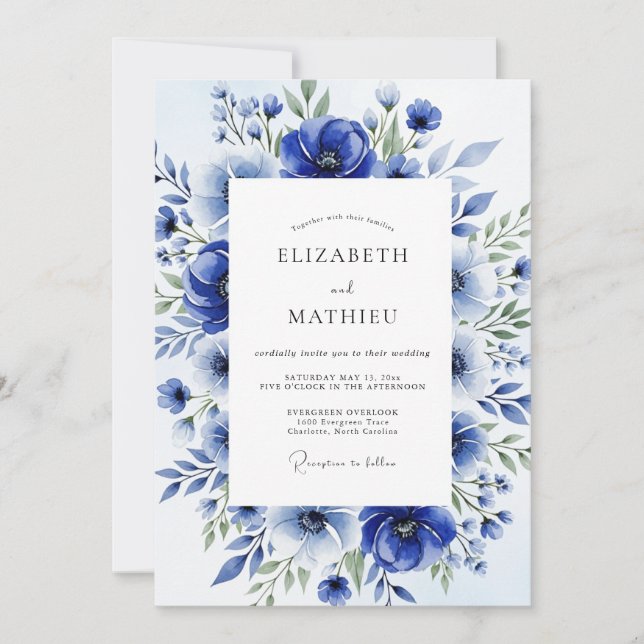 Invitación Boda Floral Acuarela Azul Real (Anverso)
