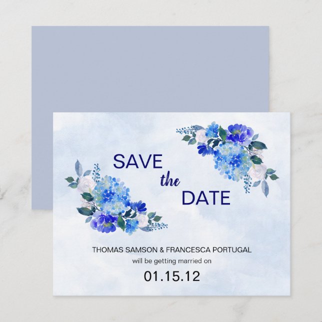 Invitación Boda Floral Acuarela Azul Real Guardar la Fecha (Anverso / Reverso)