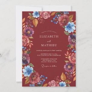 Invitación Boda floral acuarela azul rojo profundo