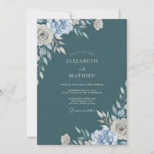 Invitación Boda floral acuarela azul teal