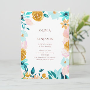 Invitación Boda floral acuarela azul verde clásico