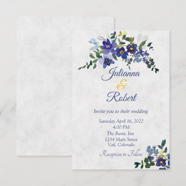 Invitación Boda floral acuarela azul y amarillo (Anverso / Reverso)