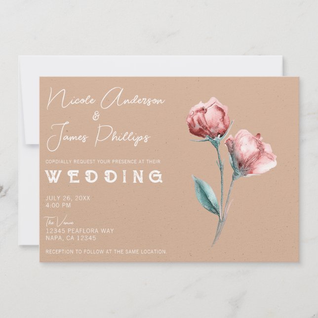 Invitación Boda floral acuarela beige melocotón (Anverso)