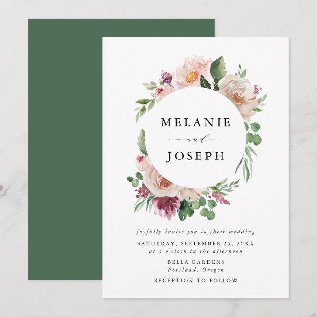 Invitación Boda floral acuarela boho blush y rosa (Anverso / Reverso)