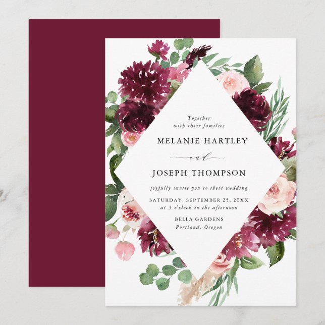 Invitación Boda floral acuarela Boho Borgoña y Rubor (Anverso / Reverso)