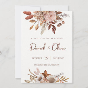 Invitación Boda Floral Acuarela Boho Neutral Rústica