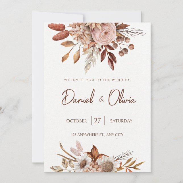Invitación Boda Floral Acuarela Boho Neutral Rústica (Anverso)