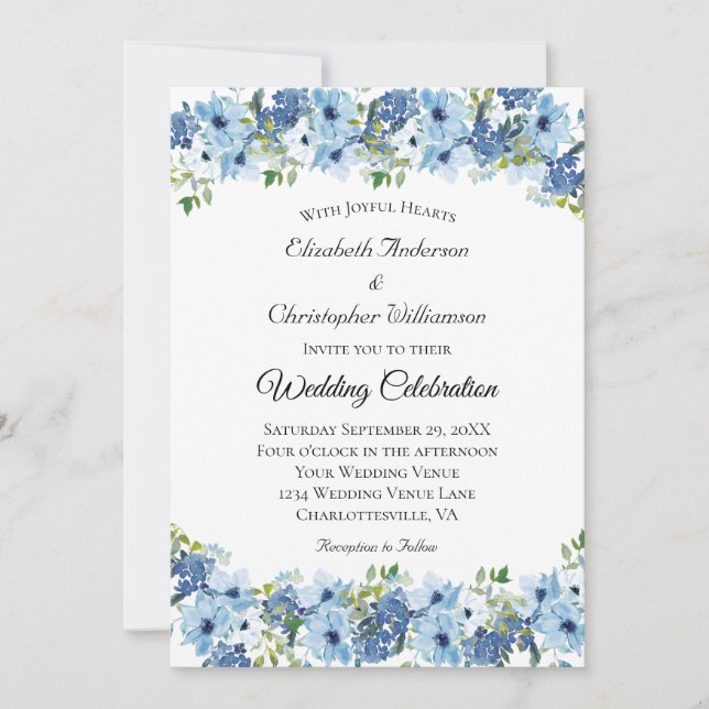 Invitación Boda floral acuarela boho verde azul (Anverso)