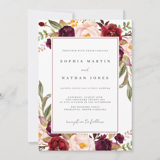 Invitación Boda Floral Acuarela Borgoña (Anverso)