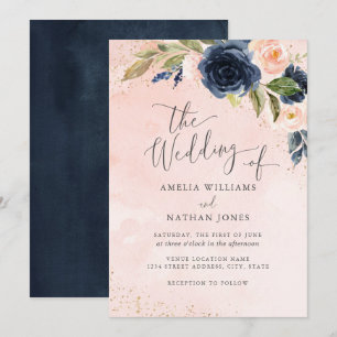 Invitación Boda Floral Acuarela Brillo Rosa Marina Dorada