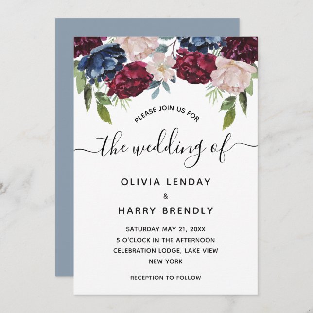 Invitación Boda floral acuarela Chic rústico (Anverso / Reverso)