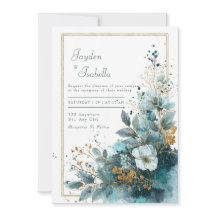Boda floral acuarela con destellos dorados azul tu