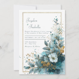 Invitación Boda floral acuarela con destellos dorados azul tu