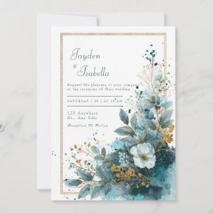 Invitación Boda floral acuarela con destellos dorados azul tu