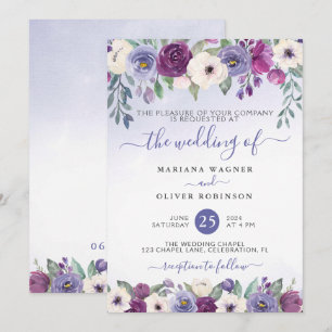 Invitación Boda floral acuarela con fucsia y vincapervinca ru