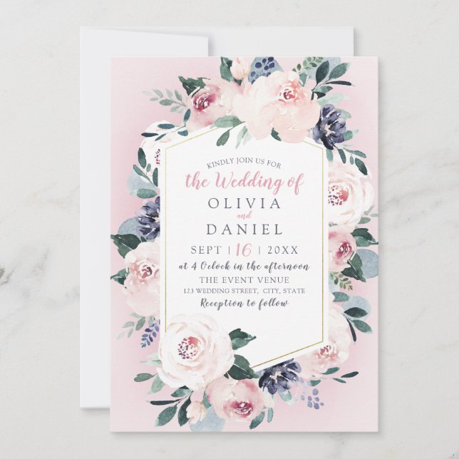 Invitación Boda floral acuarela con rubor botánico floreciend (Anverso)