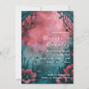 Invitación Boda floral acuarela con tonos rosa, azul turquesa
