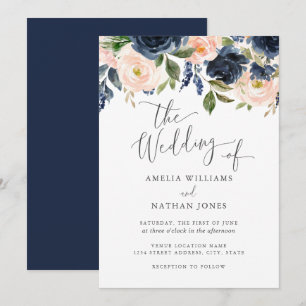 Invitación Boda floral acuarela con toque de rosa marina