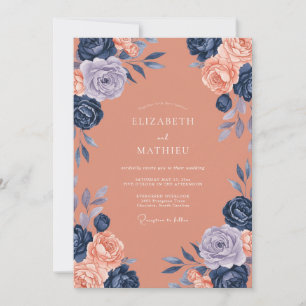 Invitación Boda floral acuarela coral naval