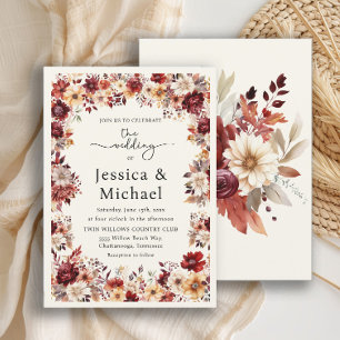 Invitación Boda floral acuarela crema burgundy romántica