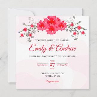 Invitación Boda floral acuarela cuadrada cosmos rosa