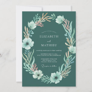 Invitación Boda floral acuarela de agua turquesa profunda