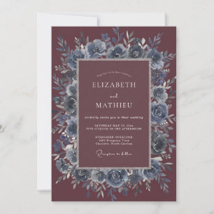 Invitación Boda floral acuarela de ciruela azul polvorienta