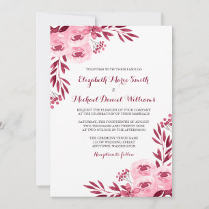 Invitación Boda floral acuarela de color burdeos y rubor