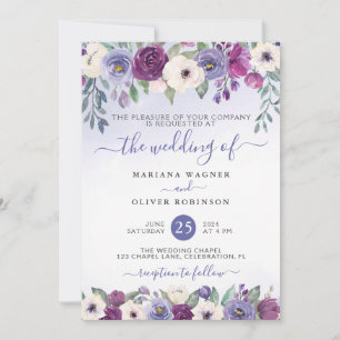 Invitación Boda floral acuarela de fucsia y vincapervinca con