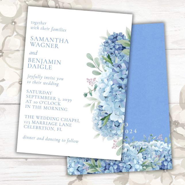Invitación Boda floral acuarela de hidrangeas azul moderno (Subido por el creador)