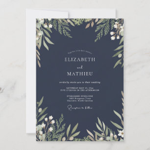Invitación Boda floral acuarela de hoja perenne de la Marina