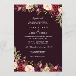 Invitación Boda floral acuarela de Marsala Borgoña