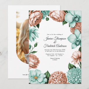 Invitación Boda floral acuarela de melocotón suave y menta