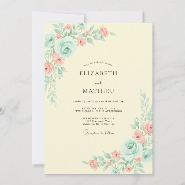 Invitación Boda floral acuarela de melocotón y menta (Anverso)