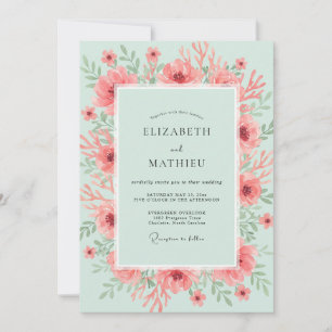 Invitación Boda floral acuarela de menta coral