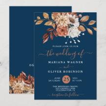 Boda floral acuarela de otoño sobre azul marino
