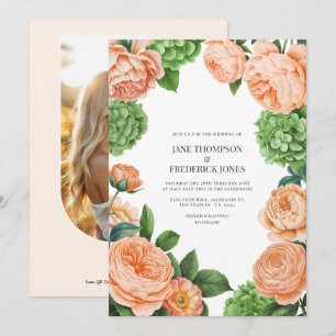 Invitación Boda floral acuarela de pistacho y melocotón