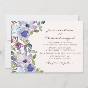 Invitación Boda floral acuarela de polvo azul púrpura