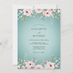 Invitación Boda floral acuarela de rosa Aqua