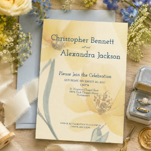 Invitación Boda floral acuarela de suave azul y amarillo páli