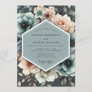 Invitación Boda Floral Acuarela de Teal y Melocotón