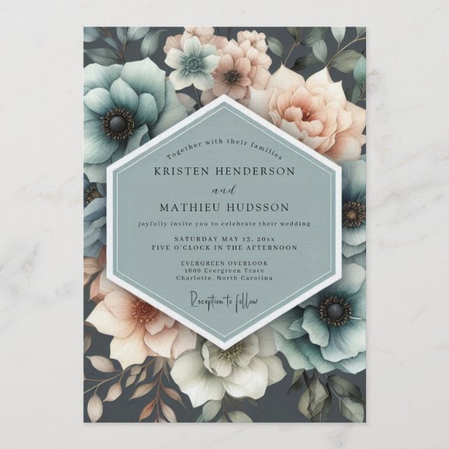 Invitación Boda Floral Acuarela de Teal y Melocotón (Anverso)