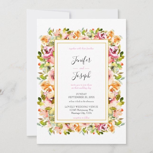 Invitación Boda floral acuarela de verano (Anverso)