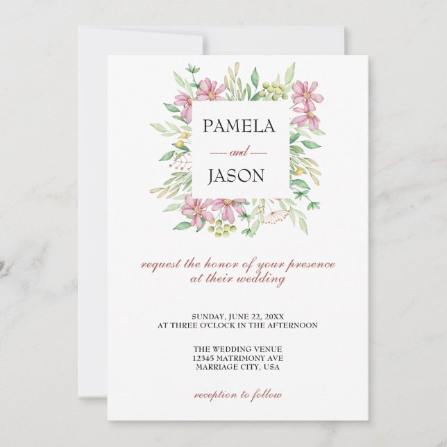 Invitación Boda floral acuarela de verano (Anverso)