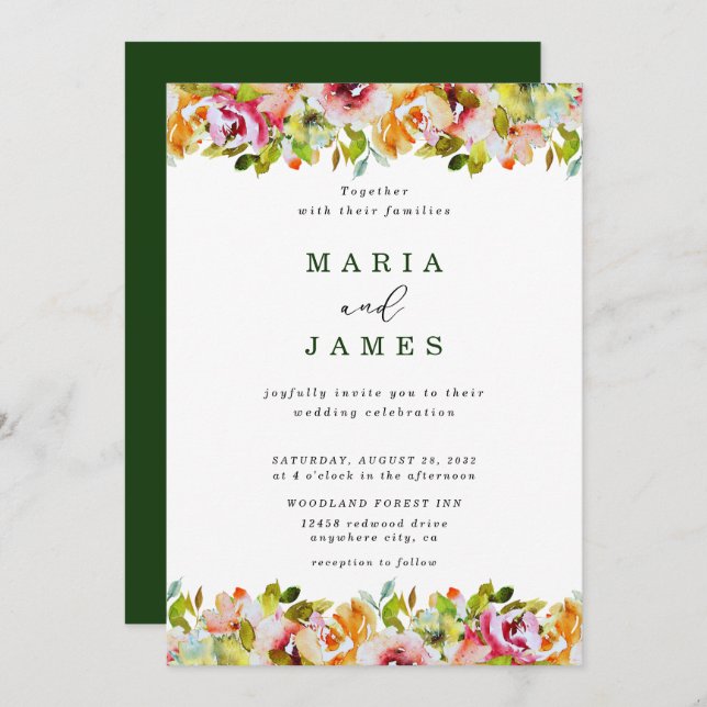 Invitación Boda floral acuarela de verano (Anverso / Reverso)